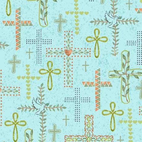 QT Fabrics Rejoice Crosses in Aqua