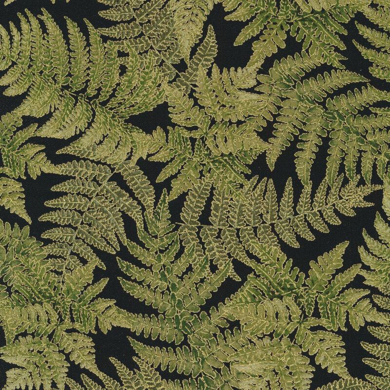 P & B Textiles - Tossed Metalic Fern Leaves - Green-Black