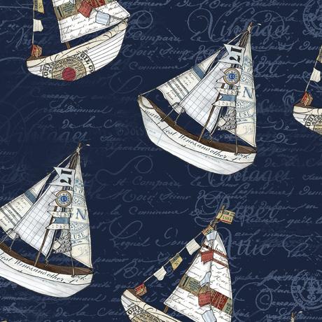 Set Sail 1649-28492-N - Large Sailboats - Navy - Quilting Treasures