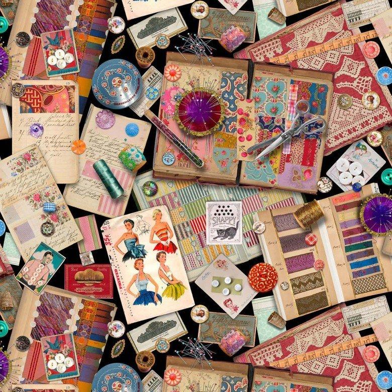 Sewing Collage - Vintage Sewing Stash by Michael Miller Fabrics